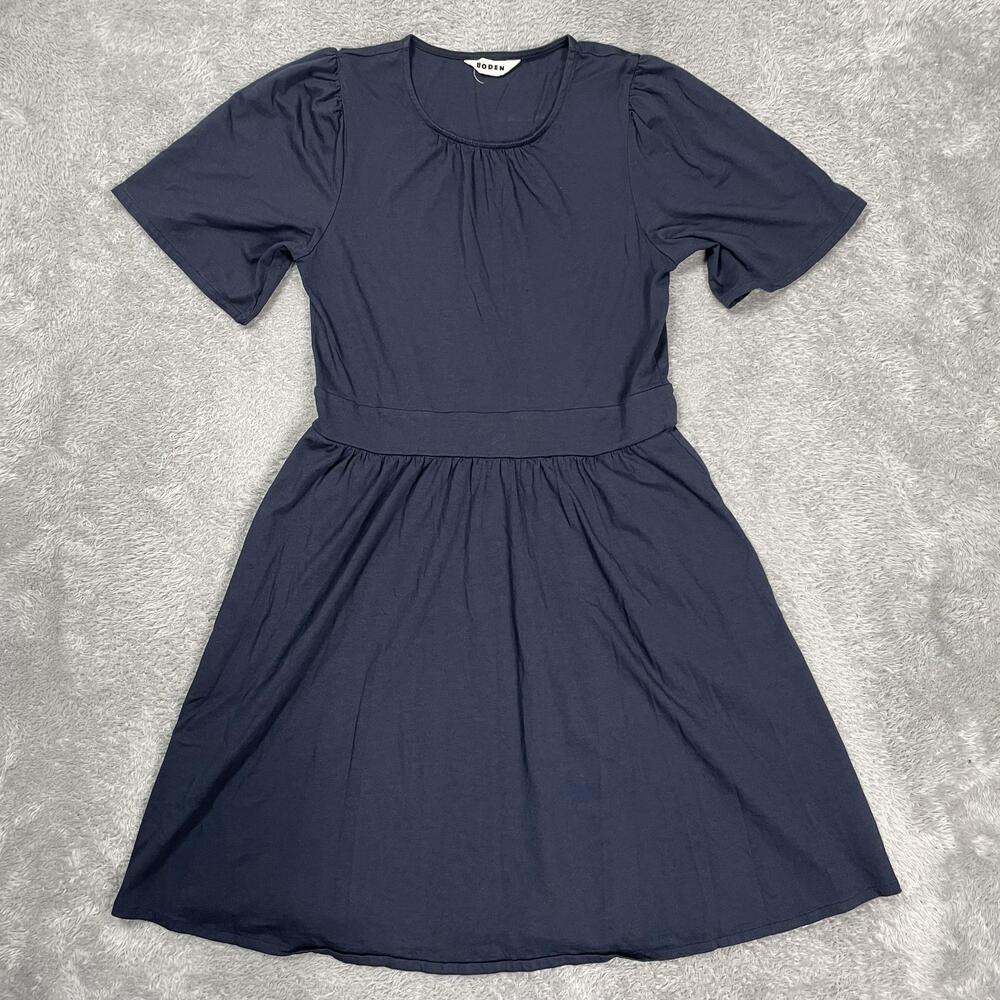 Boden Fit & Flare Dress Womens 8 Blue Scoop Neck Short Puff Sleeve Jersey Knit